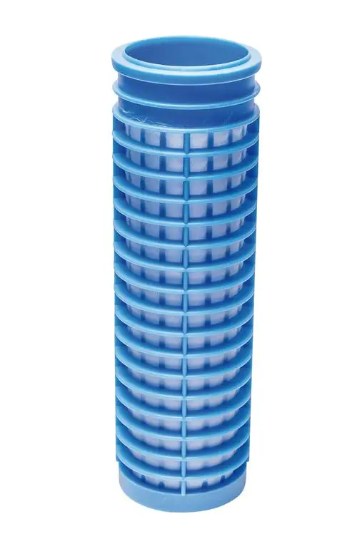 Blaues Filterelement mit gerillter Oberfläche, geeignet für BWT Produkte, zur Verwendung in Filtersystemen, mit einer Öffnung für 3/4- und 1 1/4-Zoll-Anschlüsse.